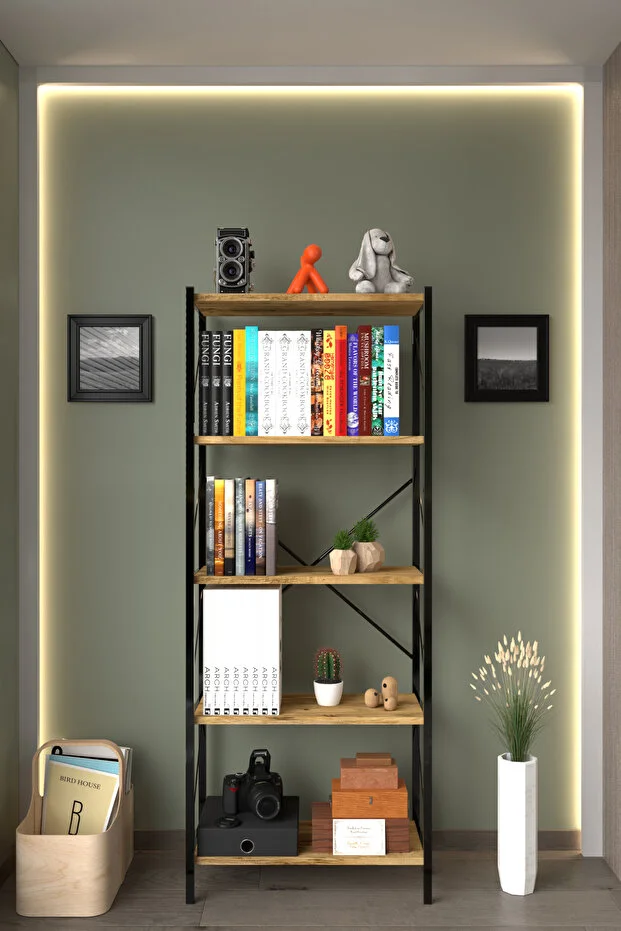 WoodFrame 5 Raf Kitaplık – Ceviz & Metal